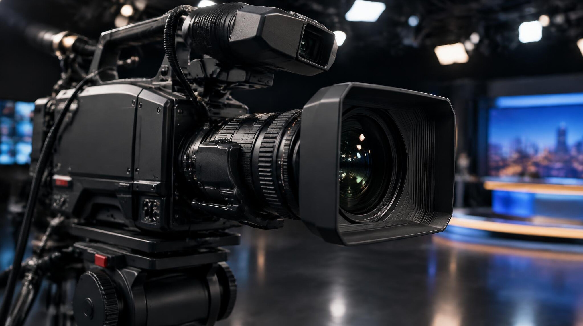 Close-up of a broadcast studio camera lens and viewfinder